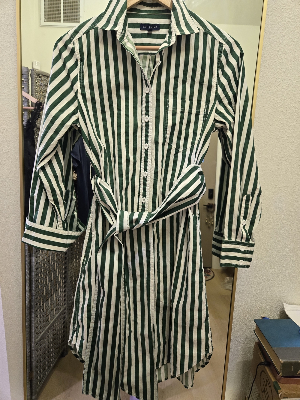 Katie Kime Forest Green Striped Tie-Waist Shirt Dress S